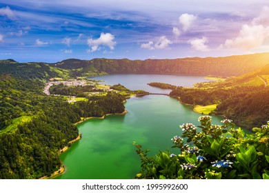 Beautiful view of Seven Cities Lake "Lagoa das Sete Cidades" from Vista do Rei viewpoint in São Miguel Island, Azores, Portugal. Lagoon of the Seven Cities, Sao Miguel island, Azores, Portugal. - Shutterstock ID 1995992600