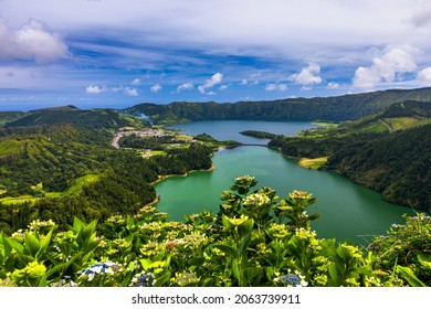 Beautiful view of Seven Cities Lake "Lagoa das Sete Cidades" from Vista do Rei viewpoint in São Miguel Island, Azores, Portugal. Lagoon of the Seven Cities, Sao Miguel island, Azores, Portugal. - Shutterstock ID 2063739911