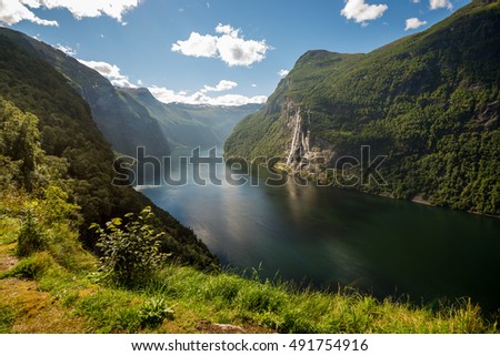 Beautiful view of the Seven Sisters in Geirangerfjord at Skagefla farm Stock photo © 