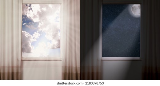 Beautiful view of sky through windows in day and night, collage - Shutterstock ID 2183898753