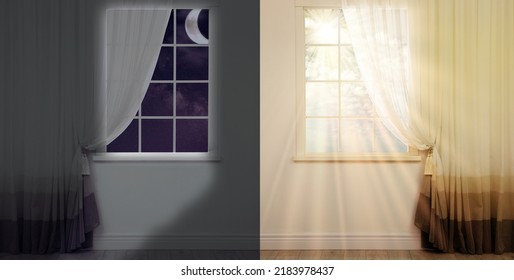 Beautiful view of sky through windows in day and night, collage - Shutterstock ID 2183978437