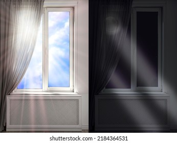 Beautiful view of sky through windows in day and night, collage