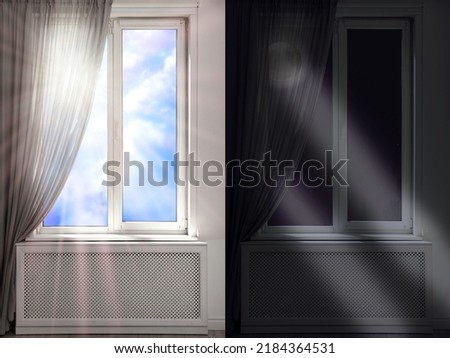 Beautiful view of sky through windows in day and night, collage