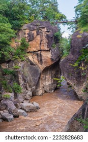 Beautiful view from small iron bridge over Op Luang Canyon and fast-flowing river in Op Luang National Park, Chiang Mai, Thailand. - Shutterstock ID 2232828683