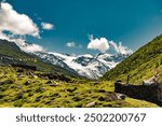 Beautiful view of snow covered Himalayan mountains of Hundan Bhatori, a small isolated village in Pangi Valley of Chamba district of Himachal Pradesh.