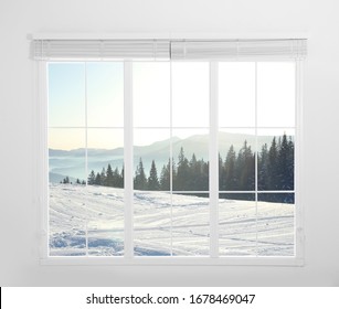 Beautiful View Of Snowy Forest Through Big Window