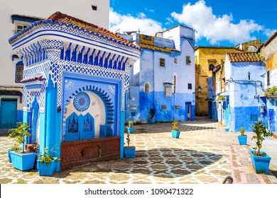 Beautiful view of the square in the blue city of Chefchaouen. Location: Chefchaouen, Morocco, Africa. Artistic picture. Beauty world
