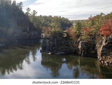 Beautiful view of the St. Croix River and Angle Rock at Interstate State Park on an autumn day in Taylors Falls, Minnesota USA.