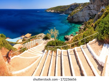Beautiful view of the the stairs to the sea at the blue caves on the island Zakynthos