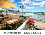 Beautiful view from street cafe of seafront and marina at small resort town Naantali. Finland