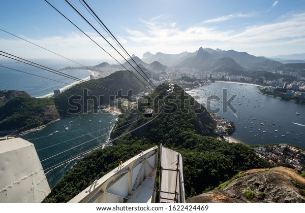 Beautiful view to Sugar Loaf Mountain cable car,\
city and ocean