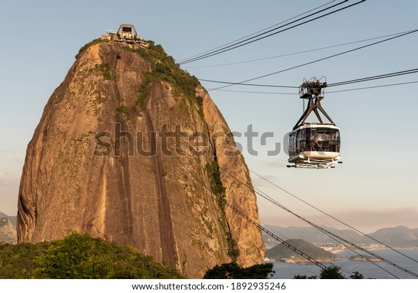 Beautiful view to Sugar Loaf mountain cable\
car over rainforest