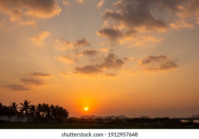 Beautiful View Of Sunset Along The East Coast Road, Chennai, India. Selective Focus