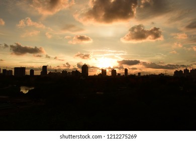 Beautiful View Of Sunway City Skyscraper During Sunset Scene, From Top View Tower.