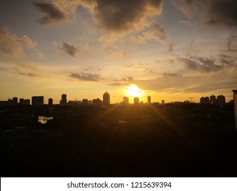 Beautiful View Of Sunway City Skyscraper During Sunset Scene, From Top View Tower.