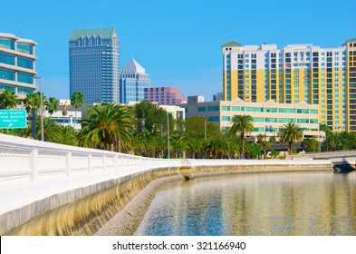 Beautiful View Of The Tampa Skyline From Bayshore Boulevard With Tampa Bay Water In The Foreground