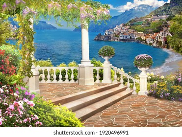 Beautiful view from the terrace to the islands and the sea. Digital mural. Digital fresco.