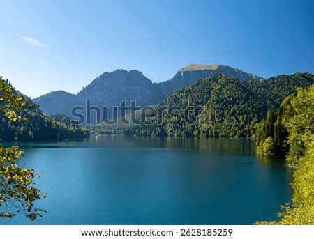 Beautiful view through tree branches on the famous lake Ritsa in the mountains of Abkhazia on a sunny summer day. Warm autumn day