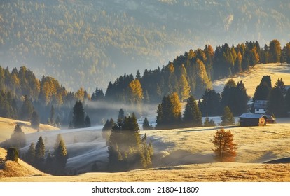 Beautiful view of traditional wooden mountain chalets on scenic Alpe di Siusi with famous Langkofel mountain peaks in the background in golden morning light at sunrise, Dolomites, South Tyrol, Italy