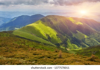 Beautiful view of the tranquil alpine landscape with green meadows, trees, dark low clouds on the mountains in the background on a sunny summer day. Idyllic mountain scenery background with copy space - Shutterstock ID 1377570011