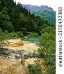 A beautiful view of travertine ponds in Huanglong National Park, Sichuan, China