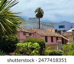 A beautiful view of the tropical garden Los Jardines del Marquesado de la Quinta Roja, La Orotava, Tenerife. Park with flowers, palms and historical buildings.