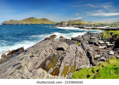 Beautiful view of Valentia Island Lighthouse at Cromwell Point. Locations worth visiting on the Wild Atlantic Way. Scenic Irish countyside on sunny summer day, County Kerry, Ireland - Shutterstock ID 2155844265