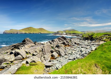 Beautiful view of Valentia Island Lighthouse at Cromwell Point. Locations worth visiting on the Wild Atlantic Way. Scenic Irish countyside on sunny summer day, County Kerry, Ireland - Shutterstock ID 2155846381