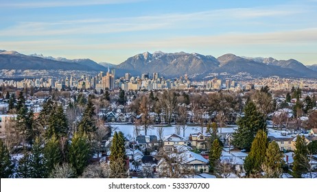 Beautiful View Of Vancouver In Snow, British Columbia, Canada