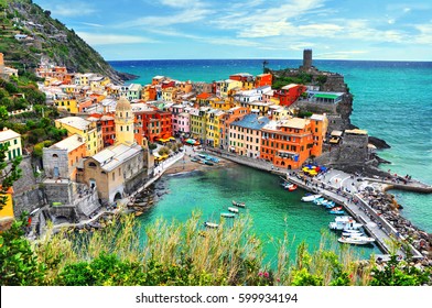 Beautiful view of Vernazza .Is one of five famous colorful villages of Cinque Terre National Park in Italy, suspended between sea and land on sheer cliffs. Liguria region of Italy.