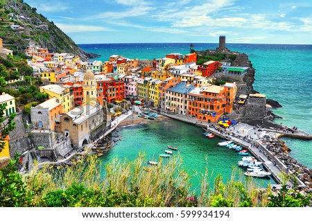 Beautiful view of Vernazza .Is one of five famous colorful villages of Cinque Terre National Park in Italy, suspended between sea and land on sheer cliffs. Liguria region of Italy.