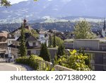 A beautiful view of a village in mountains, Sarnen, Switzerland