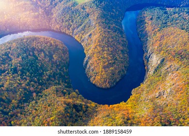 Beautiful view of Vltava river from Maj viewpoint. Czech Republic, Krnany, Europe. Maj viewpoint next to Prague in central Bohemia, Czech Republic. Aerial view of incredible Vyhlidka Maj.