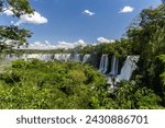 Beautiful view to waterfalls and green rainforest in Iguazu Falls