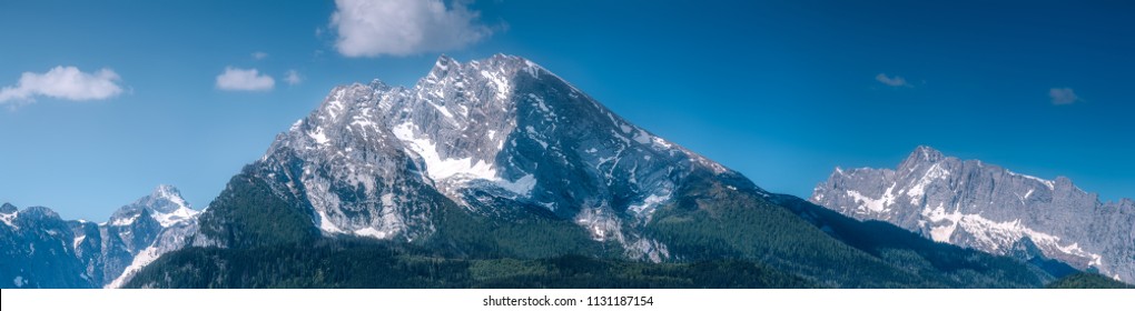 Beautiful view of Watzmann mountain near Konigssee lake in Berchtesgaden National Park, Upper Bavarian Alps, Germany, Europe. Beauty of nature concept background.