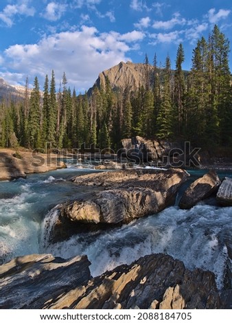 Beautiful view of wild stream Kicking Horse River at Natural Bridge in Yoho National Park, British Columbia, Canada in the Rocky Mountains in autumn with rugged rocks in the afternoon sunlight.