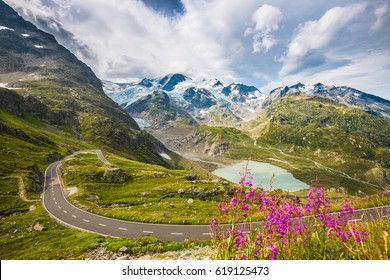 Beautiful view of winding mountain pass road in the Alps running through idyllic alpine scenery with mountain peaks, glaciers, lakes and green pastures with blooming flowers in summer