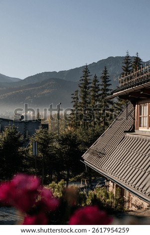 Beautiful view from the window to the mountains, forest, sunset and fog. Zakopane, Poland.