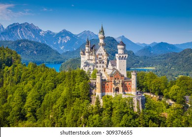 Beautiful view of world-famous Neuschwanstein Castle, the 19th century Romanesque Revival palace built for King Ludwig II, with scenic mountain landscape near Fussen, southwest Bavaria, Germany - Powered by Shutterstock