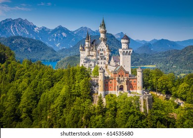 Beautiful view of world-famous Neuschwanstein Castle, the nineteenth-century Romanesque Revival palace built for King Ludwig II on a rugged cliff near Fussen, southwest Bavaria, Germany - Powered by Shutterstock