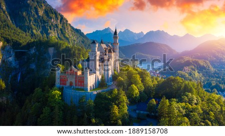 Beautiful view of world-famous Neuschwanstein Castle, the nineteenth-century Romanesque Revival palace built for King Ludwig II on a rugged cliff near Fussen, southwest Bavaria, Germany. 