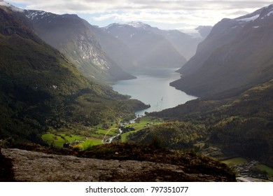 Beautiful View(landscape) From The Top Of Via Ferrata Loen Norway In Autumn