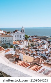 Beautiful viewpoint in the city of Lisbon with the city and the sea in the background