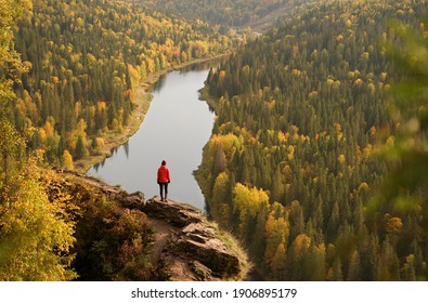 Beautiful Viewpoint on Usva River in Ural Mountains. Woman Standing on the Rock and Looking at the Usva River, Perm Region, Russia. - Powered by Shutterstock