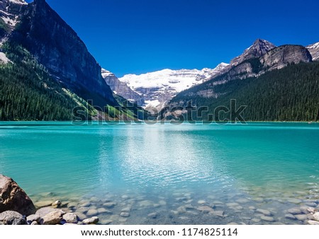 Beautiful views of Lake Louise in Banff National Park in the Rock Mountains of Alberta Canada