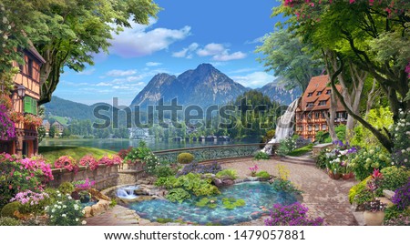 Beautiful views of the lake and mountains from the blooming garden.  Digital collage , mural and fresco. Wallpaper. Poster design. Modular panno. 3d render
