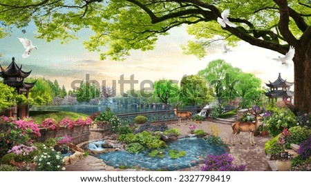 Beautiful views of the lake and mountains from the blooming garden sky whit birds tree deers home waterfall water fish meny colur of flowers_ILLUSTRATION