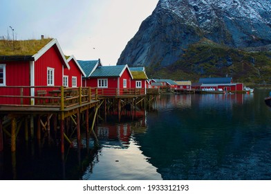 Beautiful village of Reine, Lofoten, Norway with these typical red houses