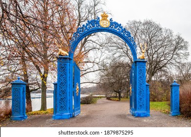 Beautiful Vintage Blue Steel Iron Gate Entrance To The Public Park Djurgarden In Stockholm Sweden.