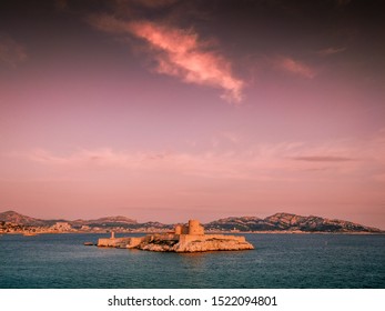 Beautiful vintage landscape with Chateau d'if prison where Alexander Dumas imprisoned count Monte Cristo in his novel, Marseille, France, view from iles de Frioul.